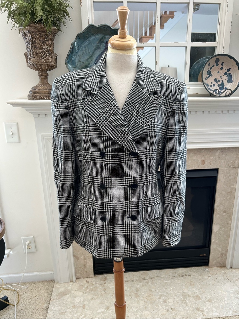 Talbots Black and White Glen Plaid Vintage Double-Breasted Blazer